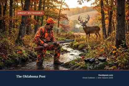 Illustration of a hunter in blaze orange camouflage kneeling in a woodland creek with a lever-action rifle as a whitetail buck stands in autumn trees, with The Oklahoma Post Great Outdoors branding
