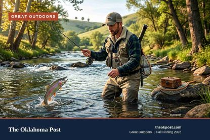 Illustration of an angler in waders fly-fishing a rocky stream as a rainbow trout leaps from the water, with The Oklahoma Post Great Outdoors branding